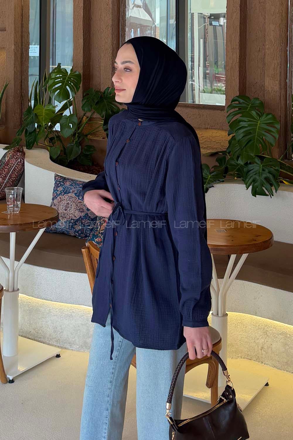 Navy Blue Crew Neck Long Arm Cotton Fabric Shirt