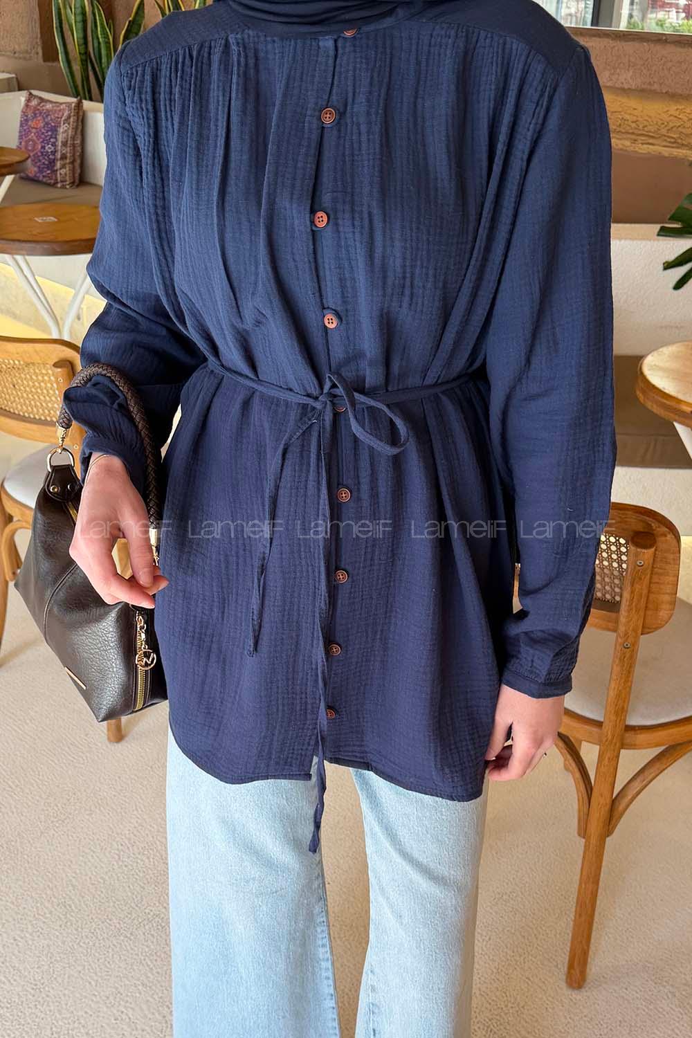 Navy Blue Crew Neck Long Arm Cotton Fabric Shirt