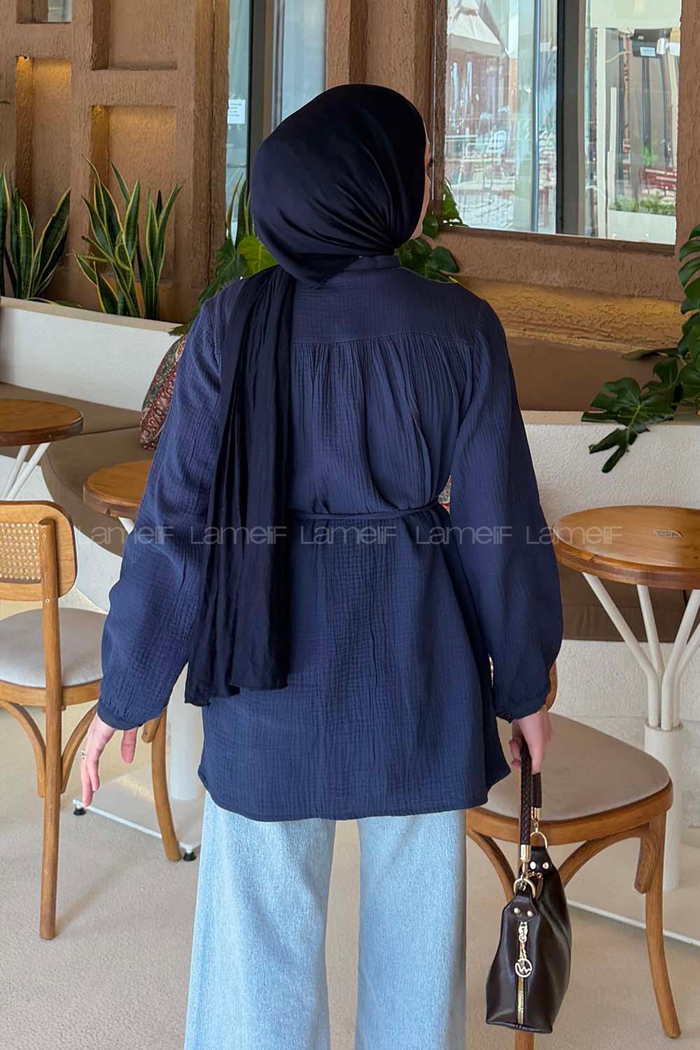 Navy Blue Crew Neck Long Arm Cotton Fabric Shirt