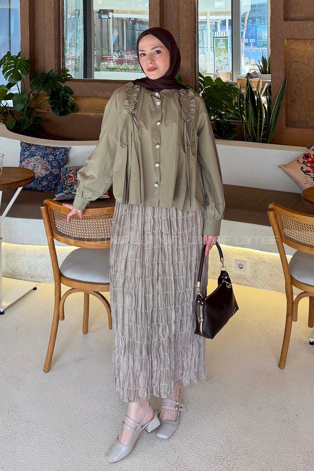 Lamelif Büzgü Detaylı Tesettür Gömlek Haki