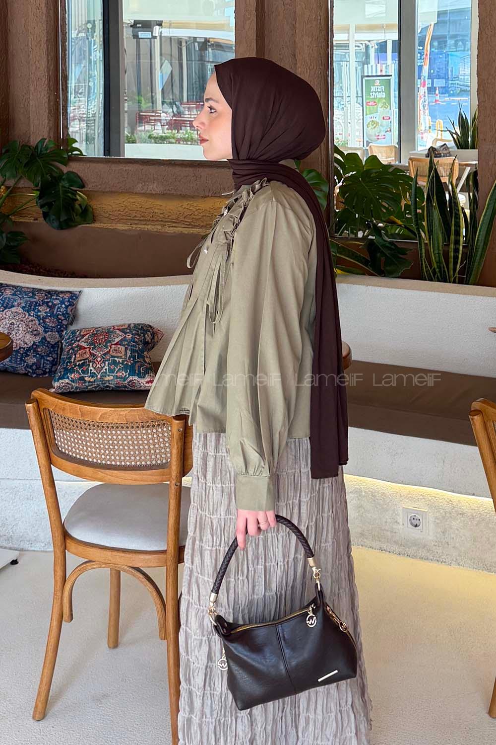 Lamelif Büzgü Detaylı Tesettür Gömlek Haki
