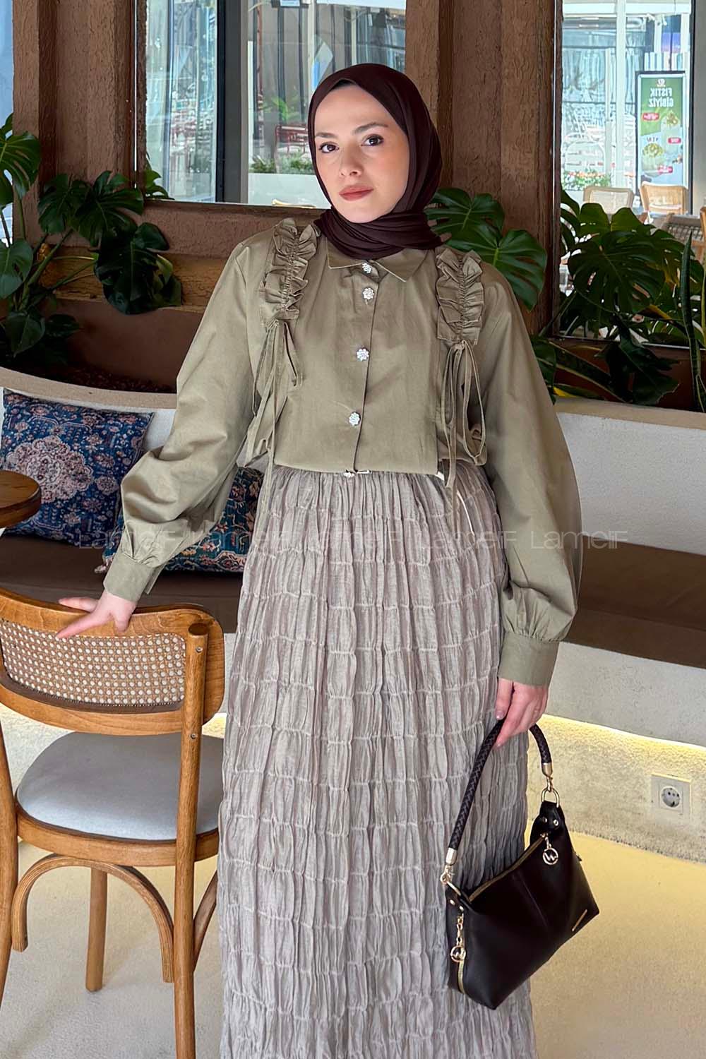 Lamelif Büzgü Detaylı Tesettür Gömlek Haki