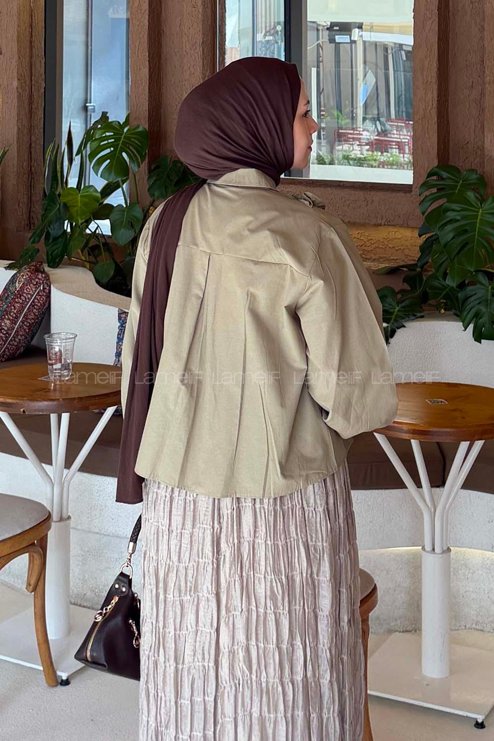Lamelif Büzgü Detaylı Tesettür Gömlek Haki