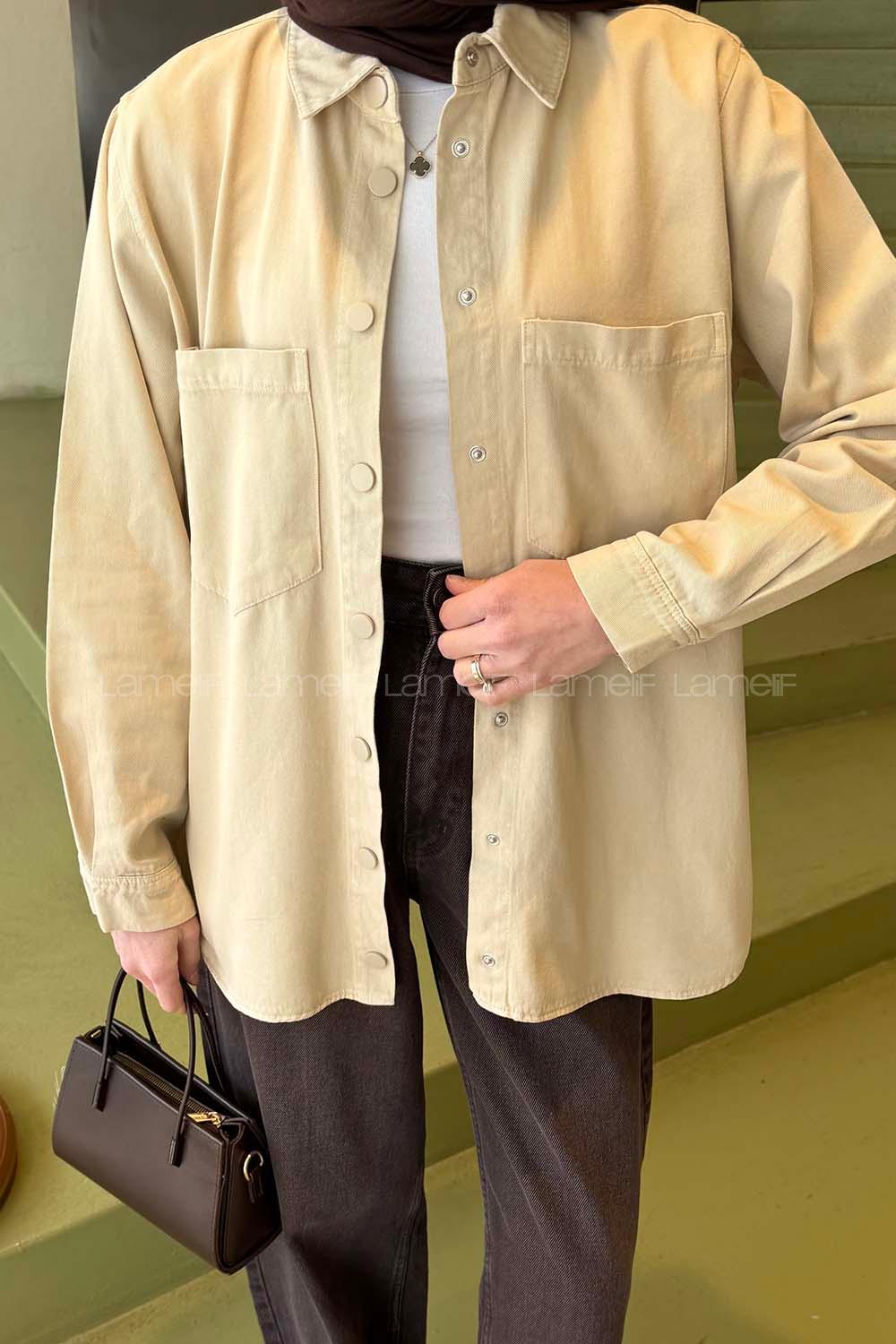 Lamelif Çıtçıtlı Gabardin Gömlek Bej