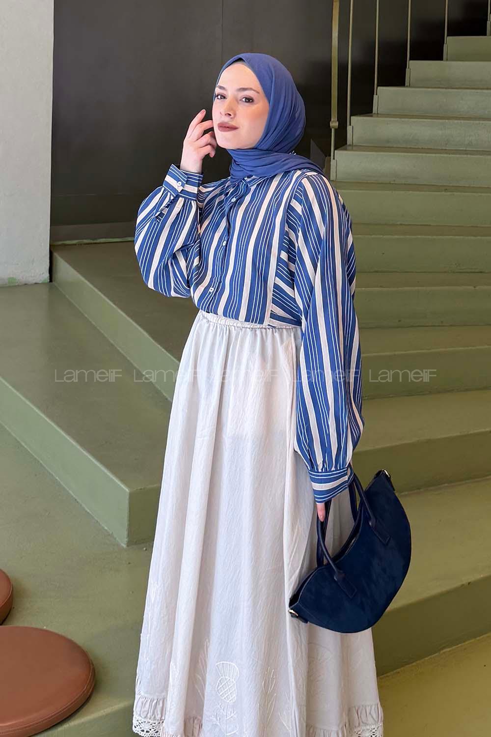 Navy Blue Shirt Collar Long Arm Viscose Fabric Shirt