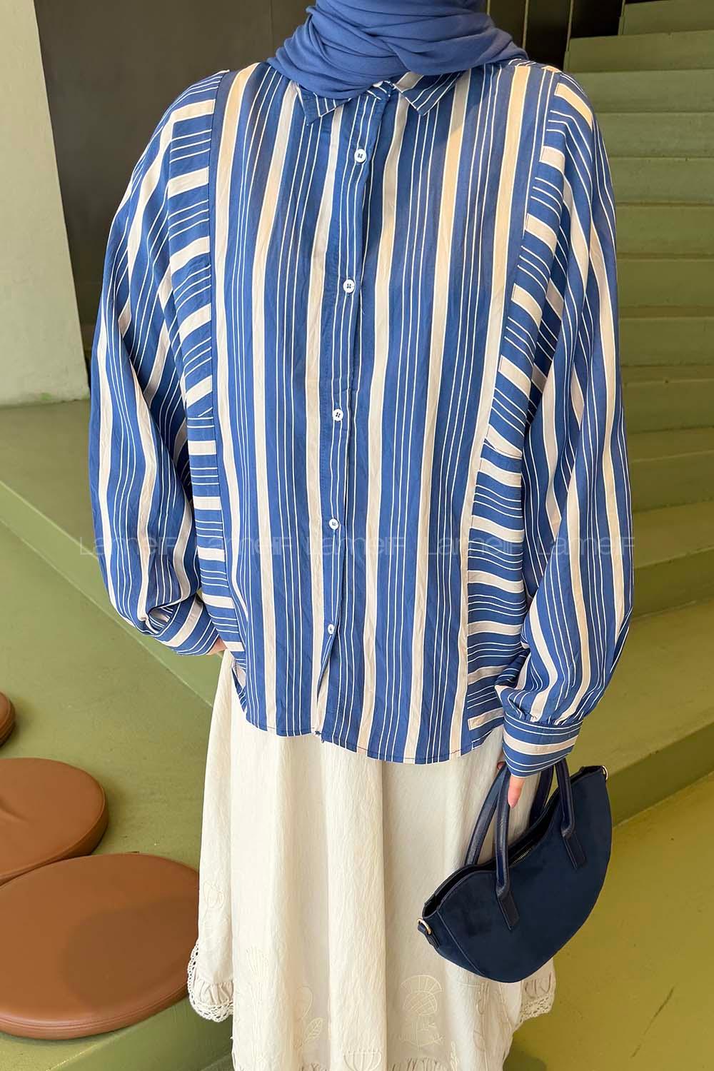 Navy Blue Shirt Collar Long Arm Viscose Fabric Shirt