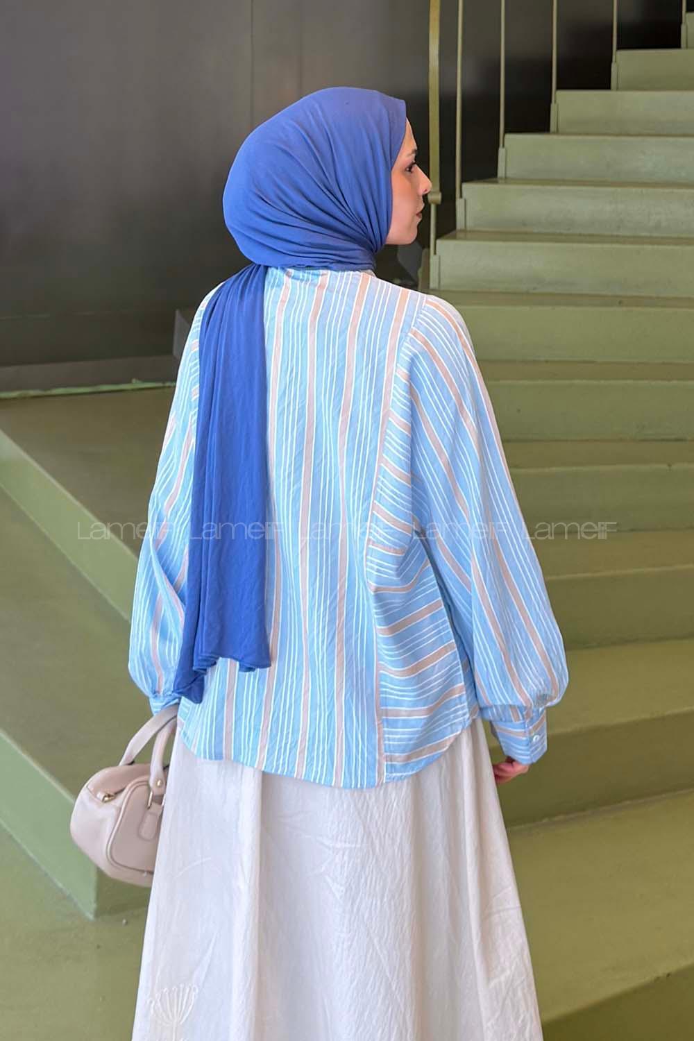 Blue Shirt Collar Long Arm Viscose Fabric Shirt