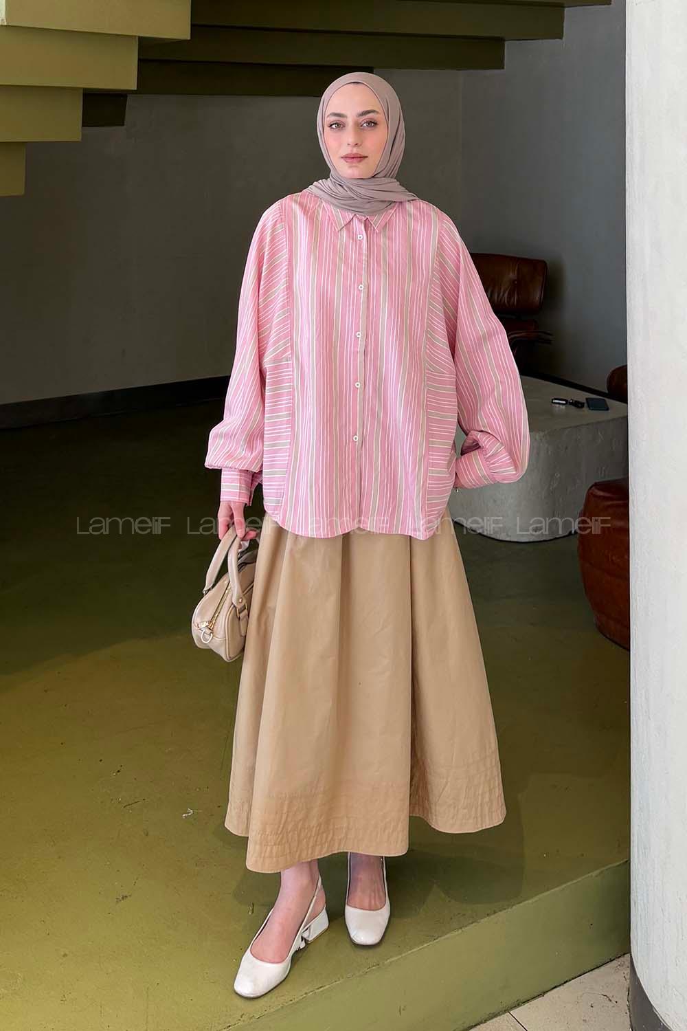 Pink Shirt Collar Long Arm Viscose Fabric Shirt