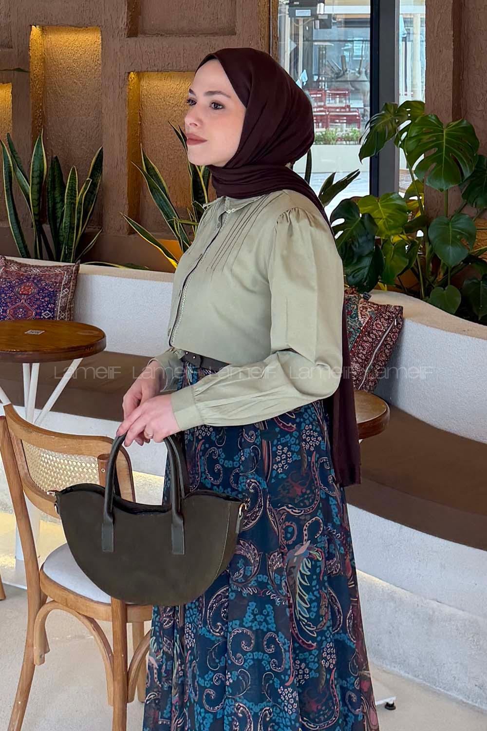 Plum Green Shirt Collar Long Arm Viscose Fabric Shirt