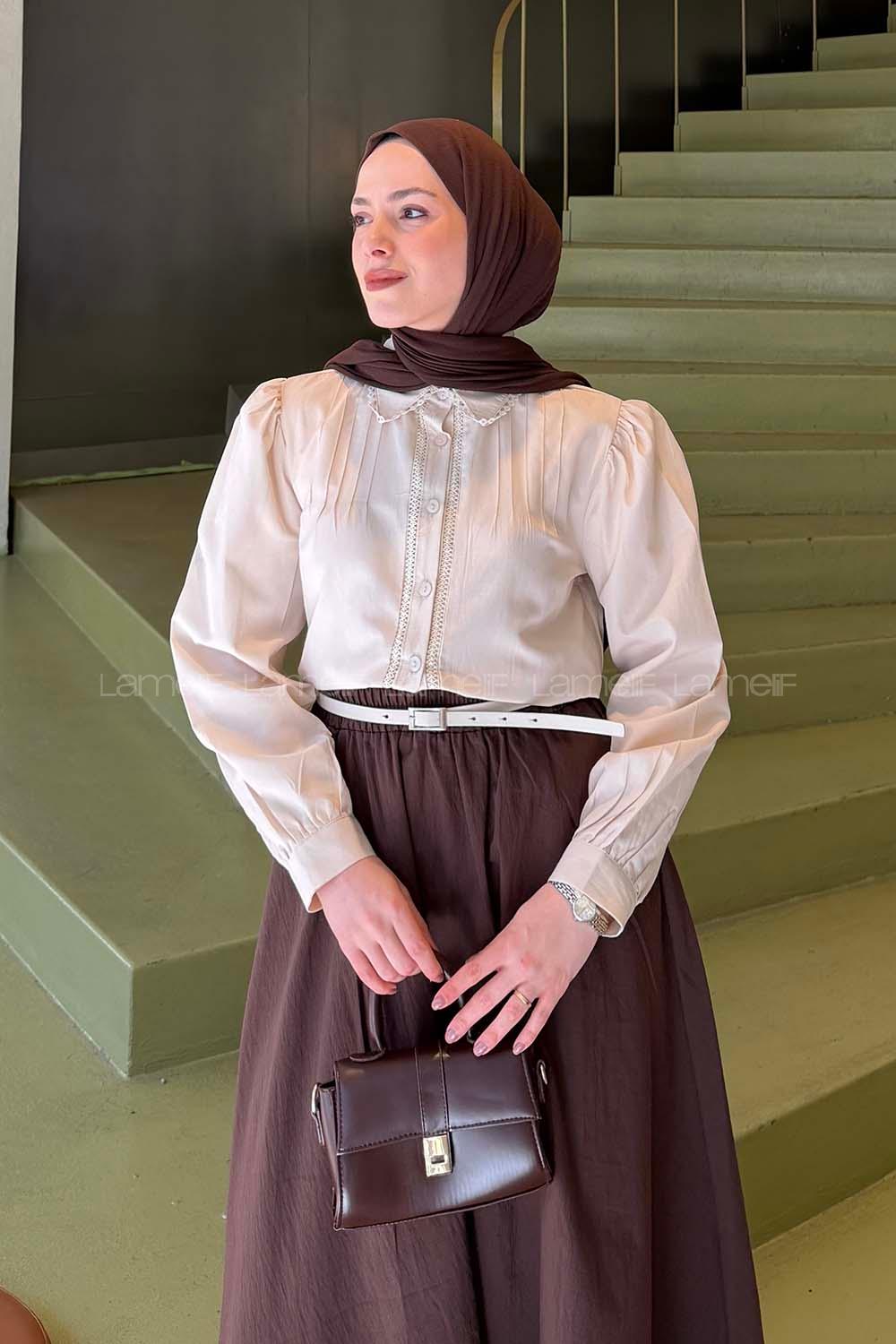 Cream Shirt Collar Long Arm Viscose Fabric Shirt