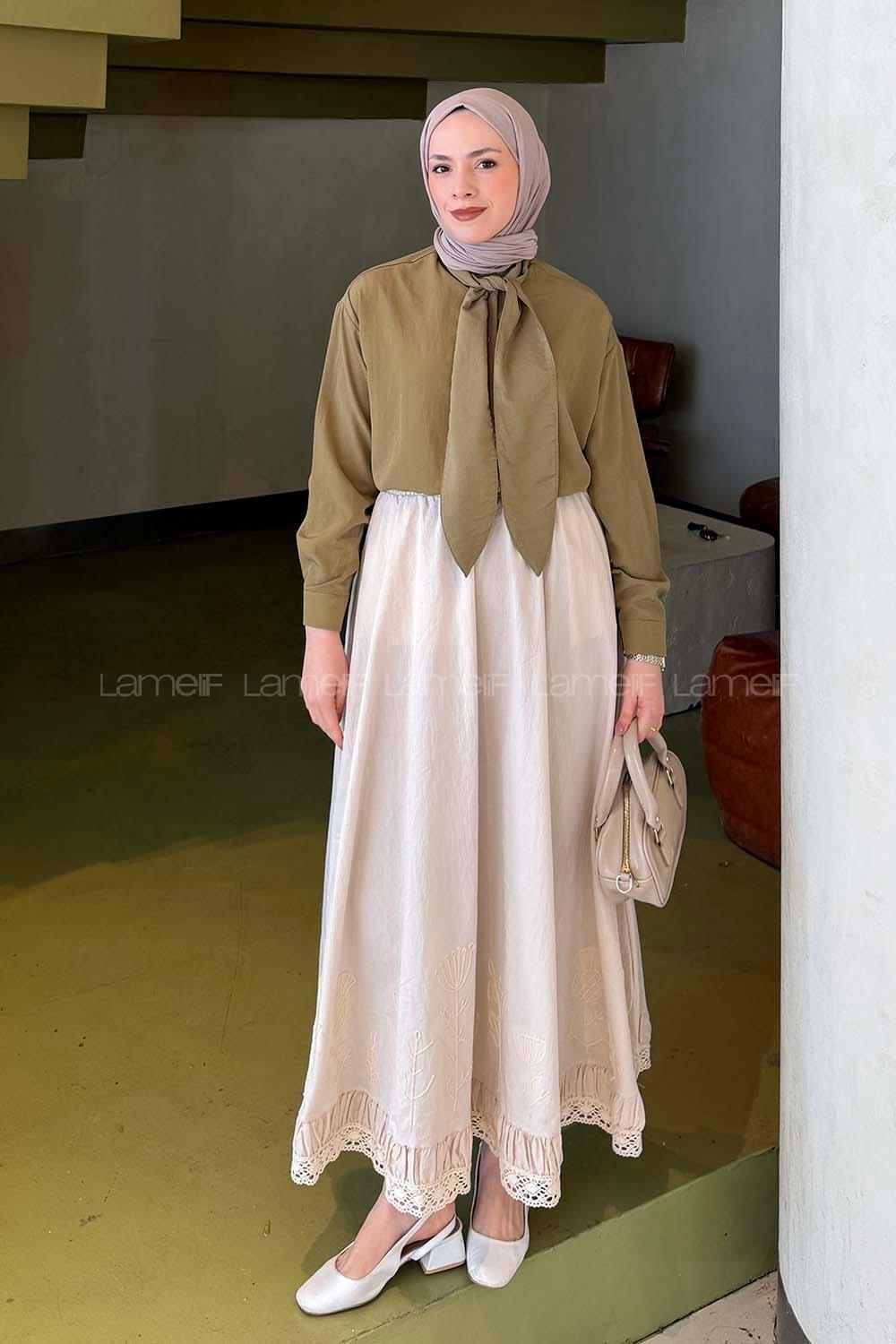 Lamelif Fular Yaka Gömlek Yağ Yeşili