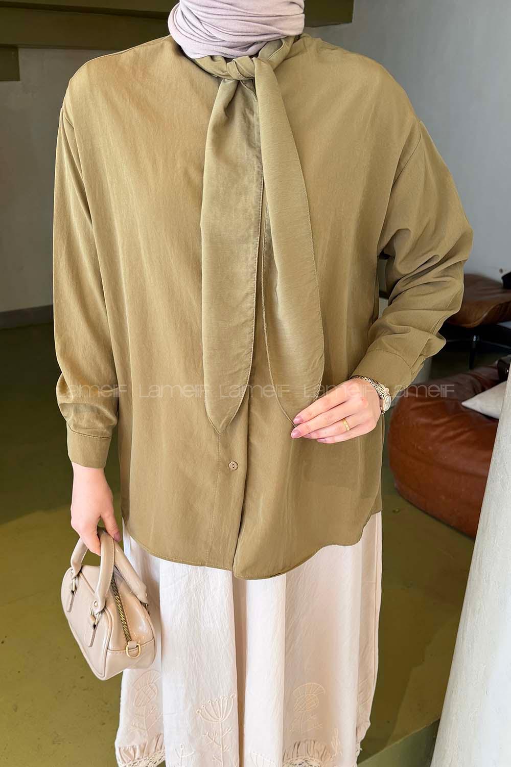 Lamelif Fular Yaka Gömlek Yağ Yeşili