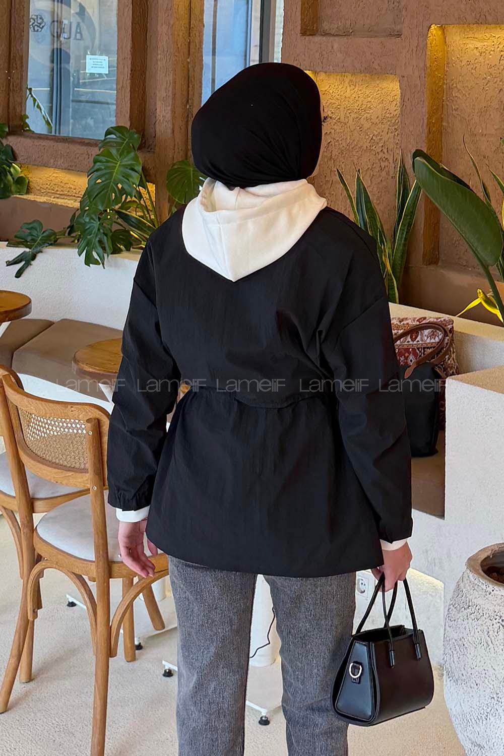 Lamelif Kapüşonlu Garnili Yağmurluk Siyah