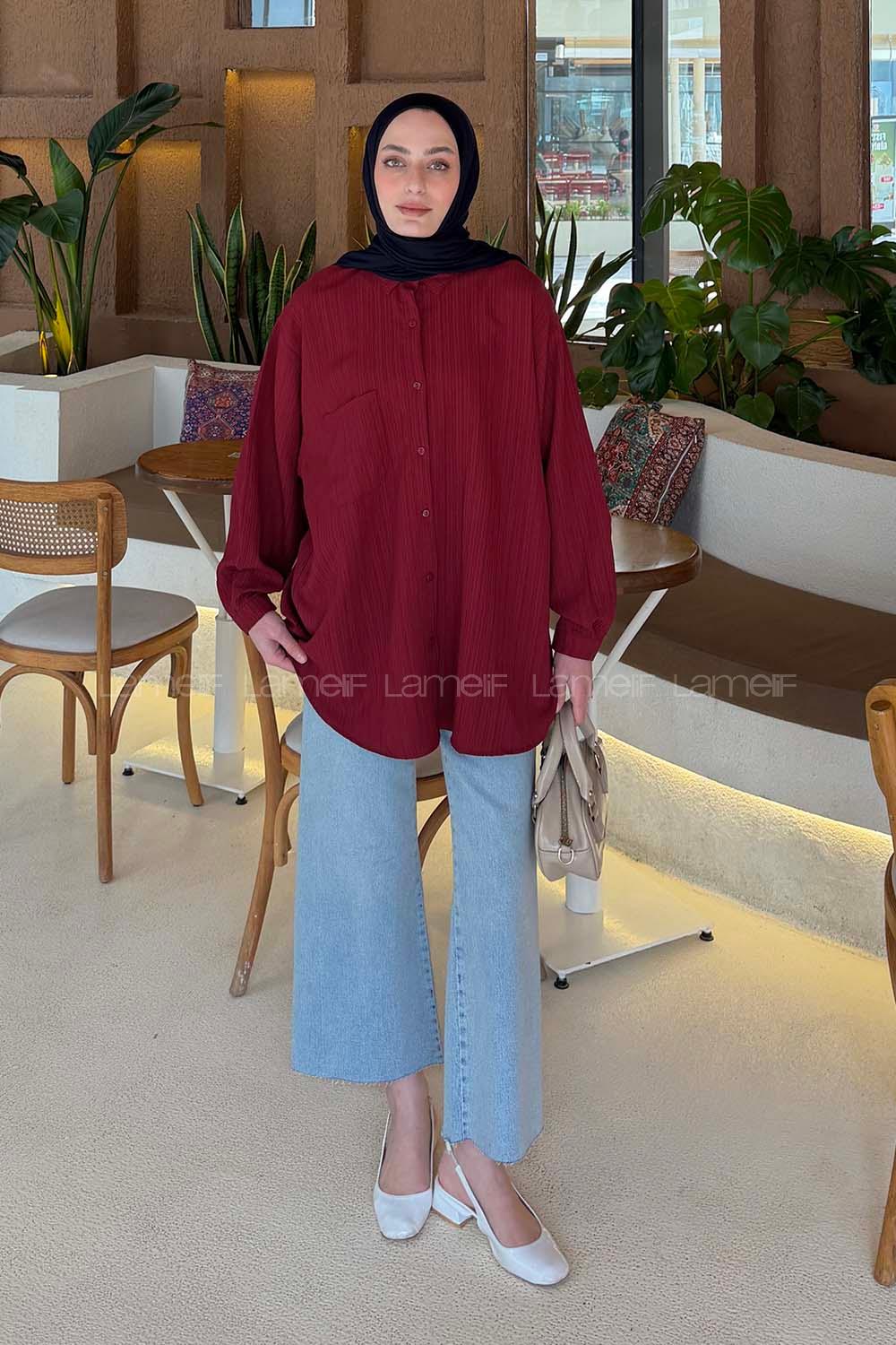 Lamelif Kraşlı Gömlek Bordo