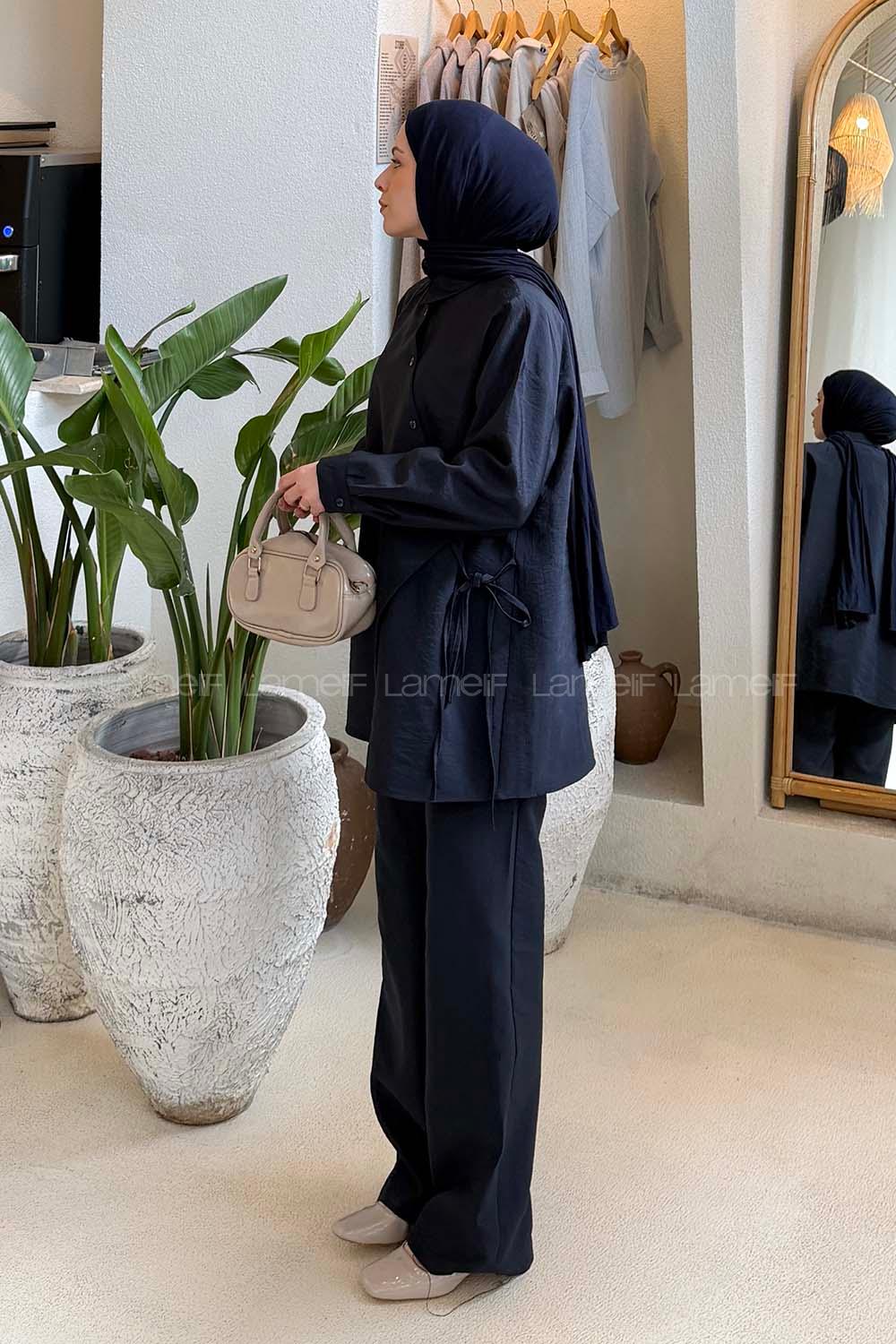 Lamelif Kruvaze Bağlamalı Takım Gece Mavisi