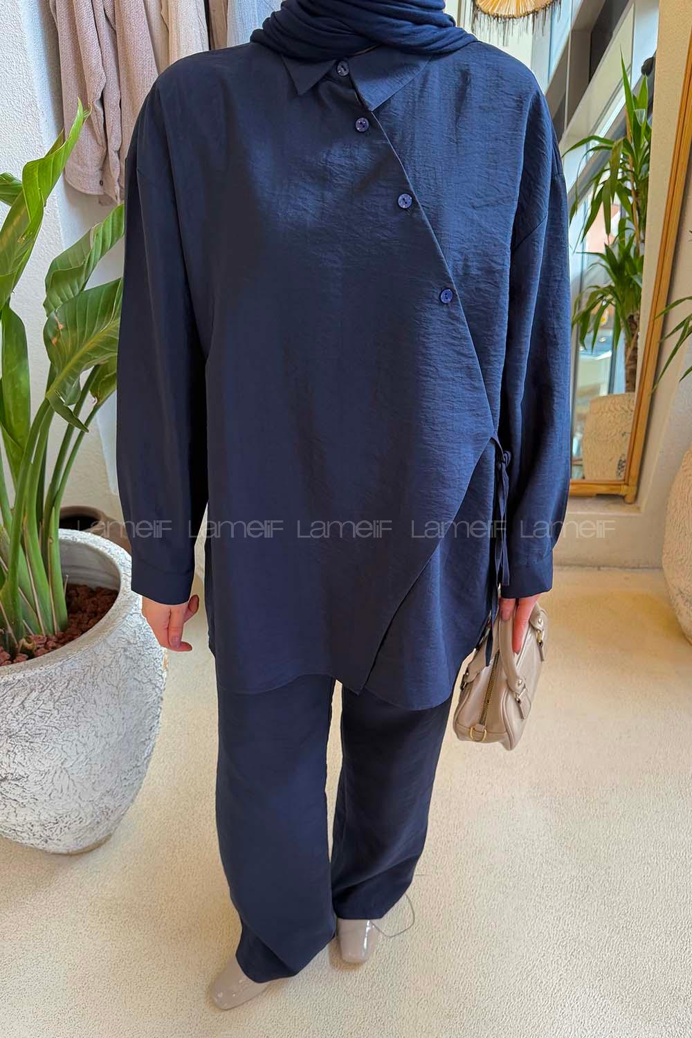 Lamelif Kruvaze Bağlamalı Takım Gece Mavisi