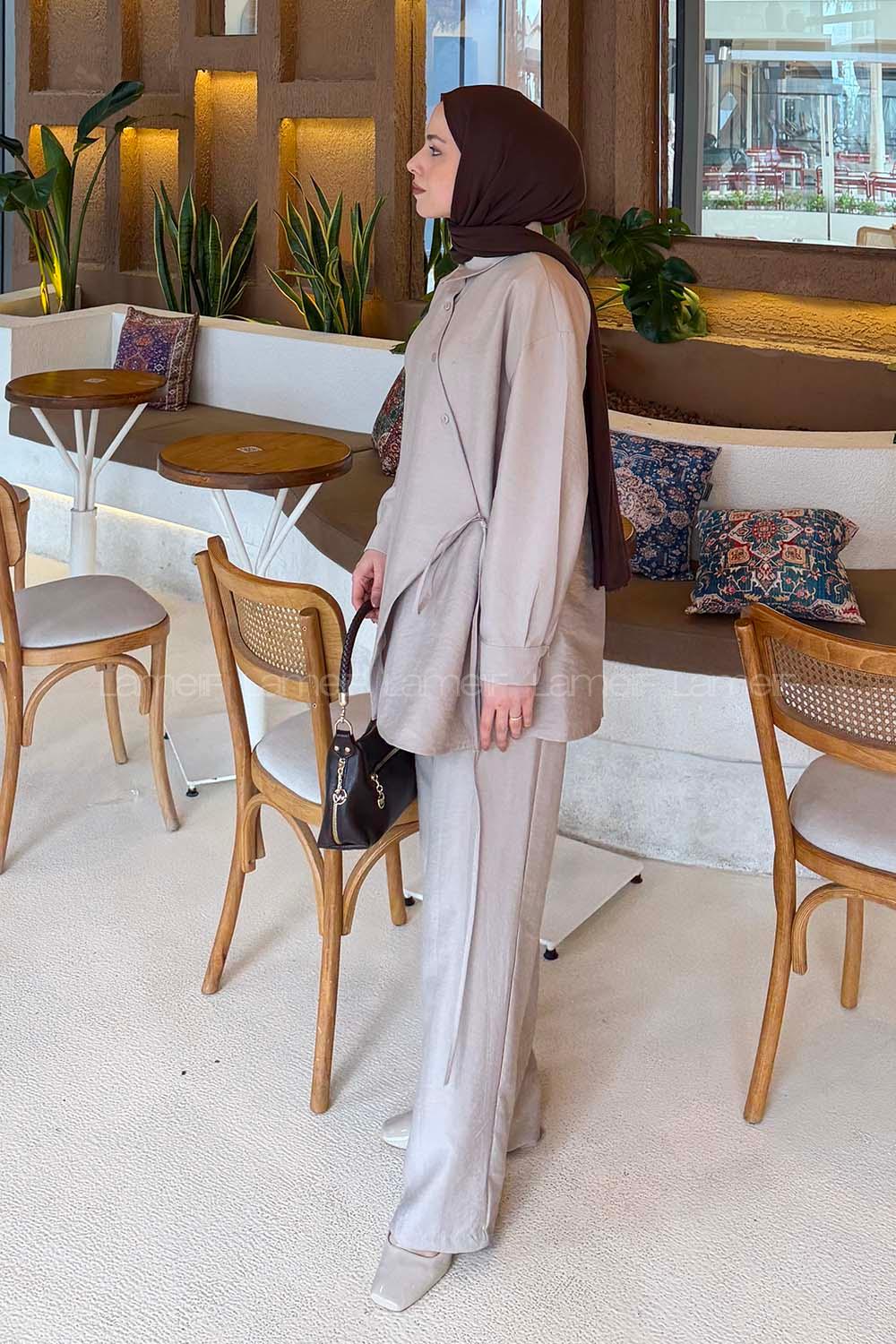 Lamelif Kruvaze Bağlamalı Takım Taş Rengi