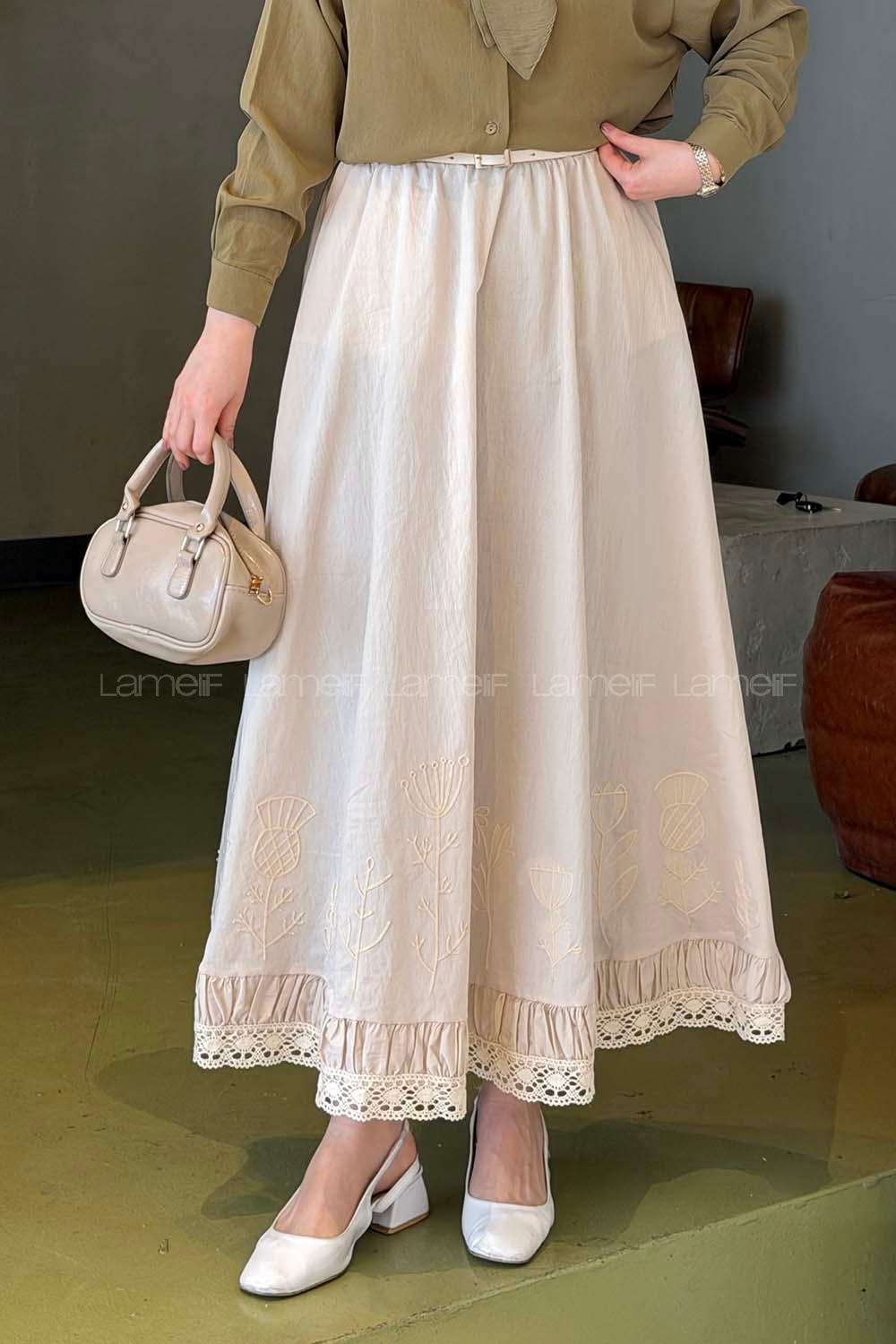Lamelif Nakışlı Etek Bej