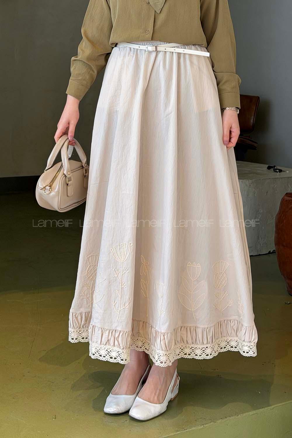 Lamelif Nakışlı Etek Bej