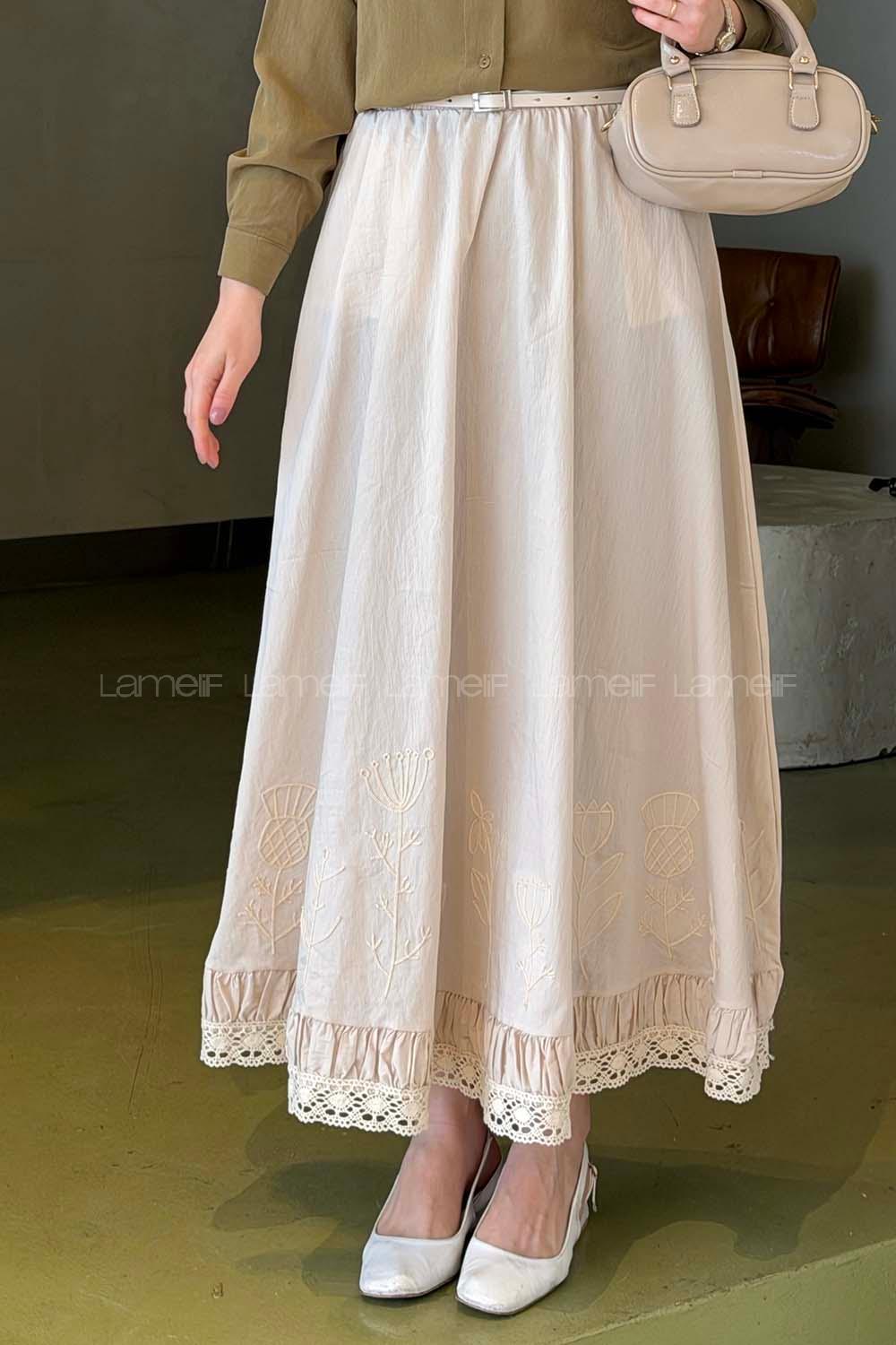 Lamelif Nakışlı Etek Bej