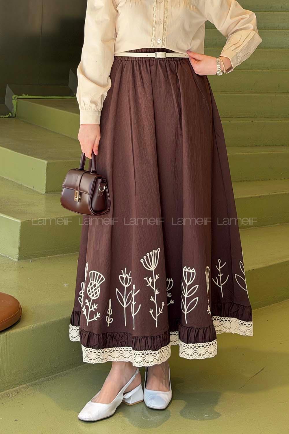 Lamelif Nakışlı Etek Kahverengi