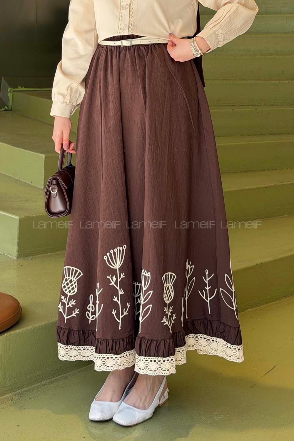 Lamelif Nakışlı Etek Kahverengi