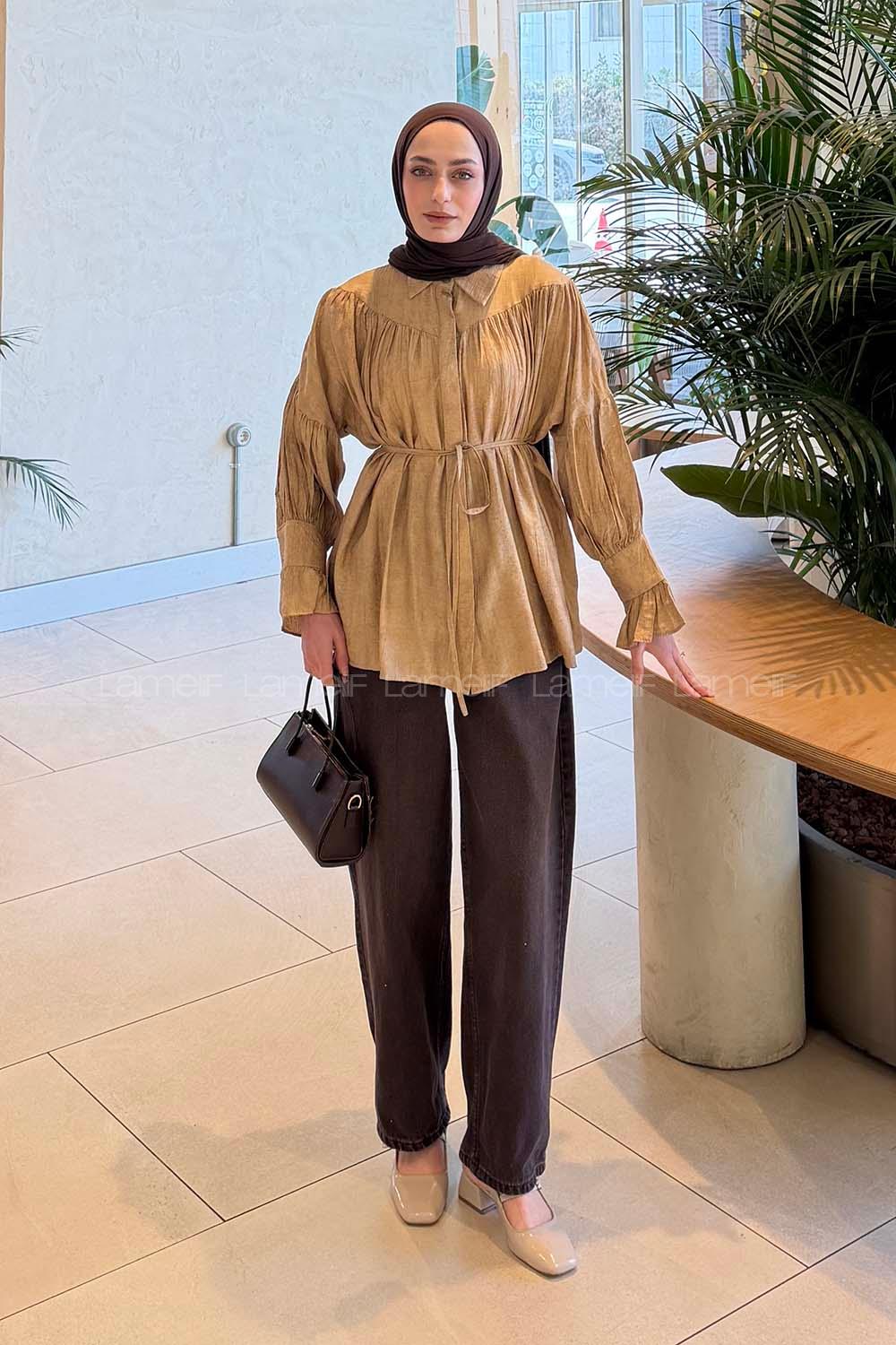 Brown With Milk Shirt Collar Long Arm Viscose Fabric Shirt