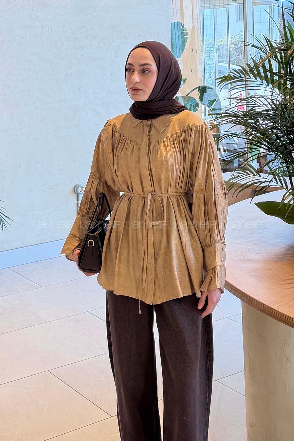 Brown With Milk Shirt Collar Long Arm Viscose Fabric Shirt