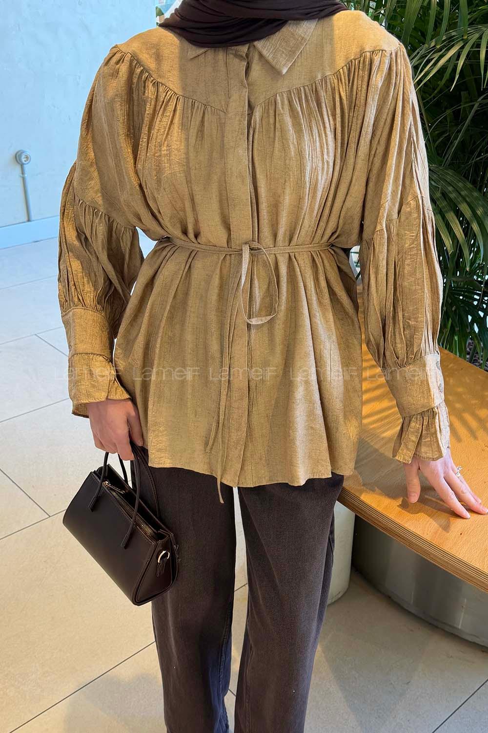 Brown With Milk Shirt Collar Long Arm Viscose Fabric Shirt