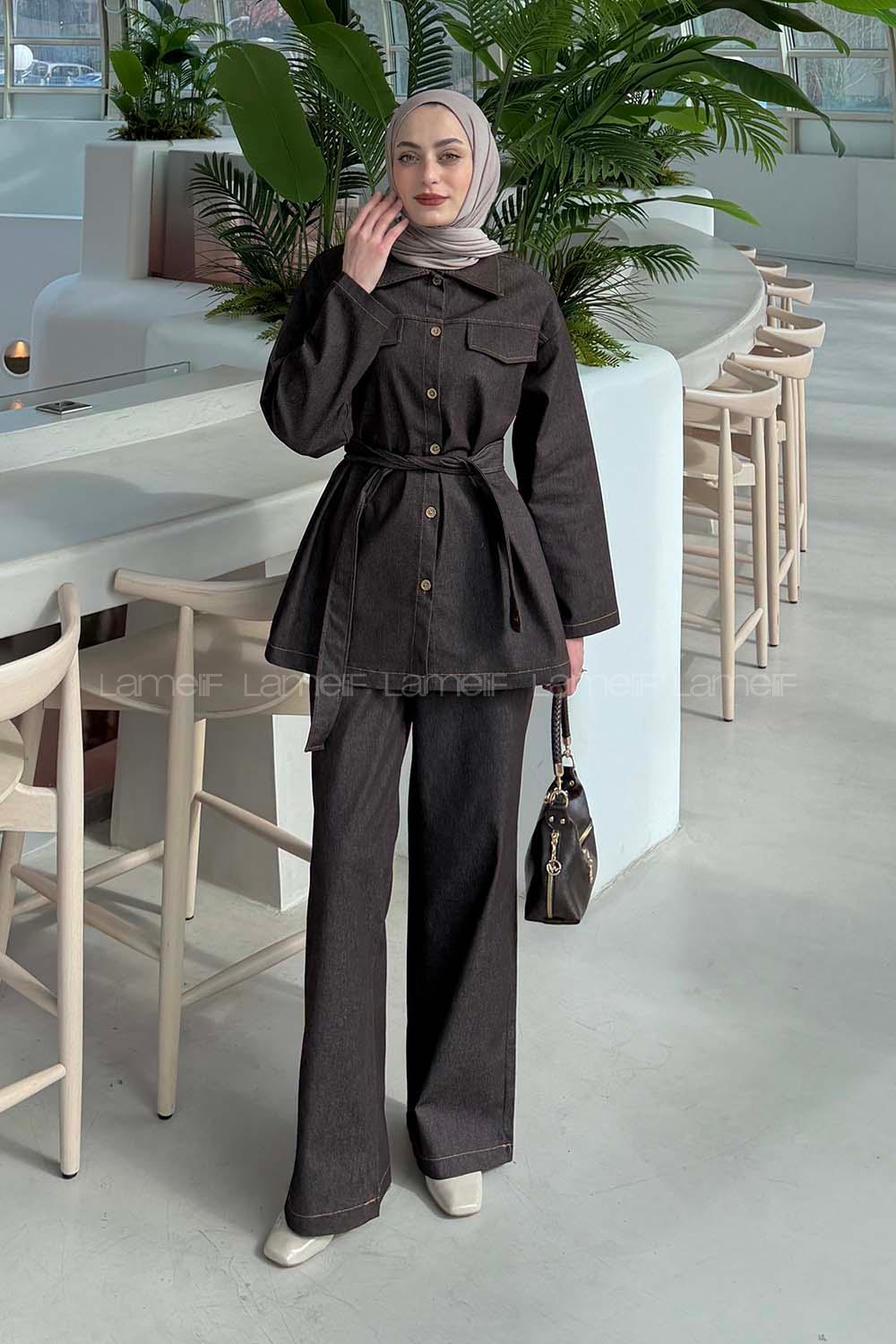 Lamelif Bağlama Detaylı Denim Takım Koyu Kahverengi