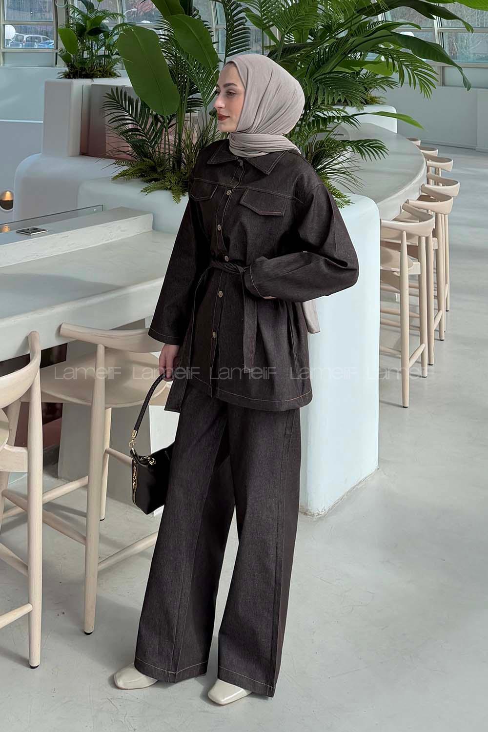 Lamelif Bağlama Detaylı Denim Takım Koyu Kahverengi