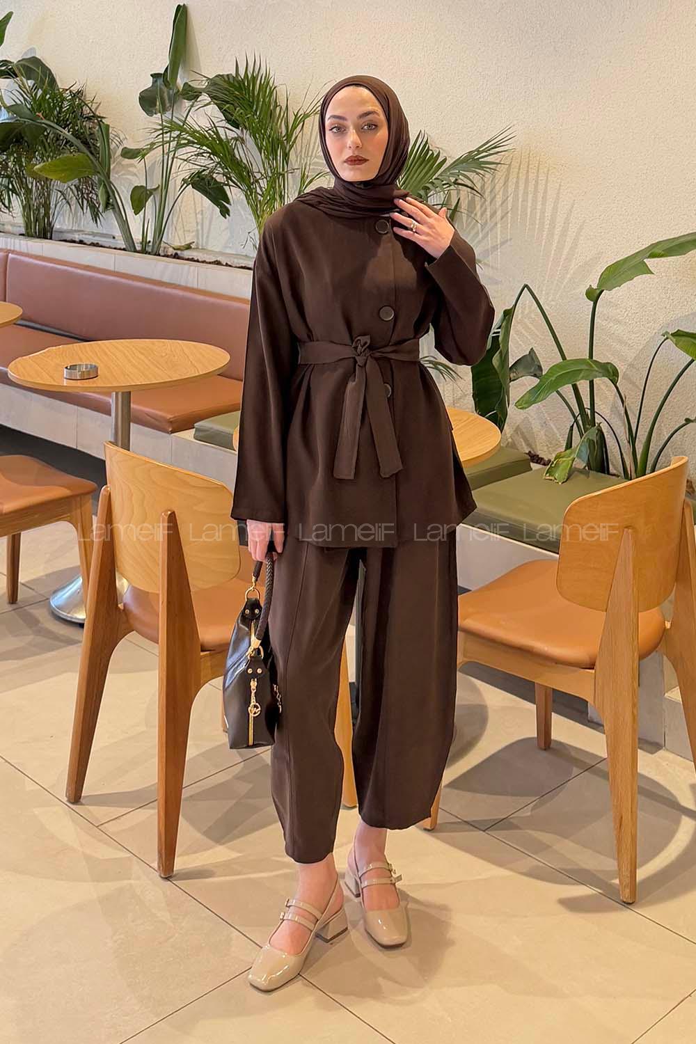 Lamelif Bağlama Detaylı Tensel Takım Acı Kahve