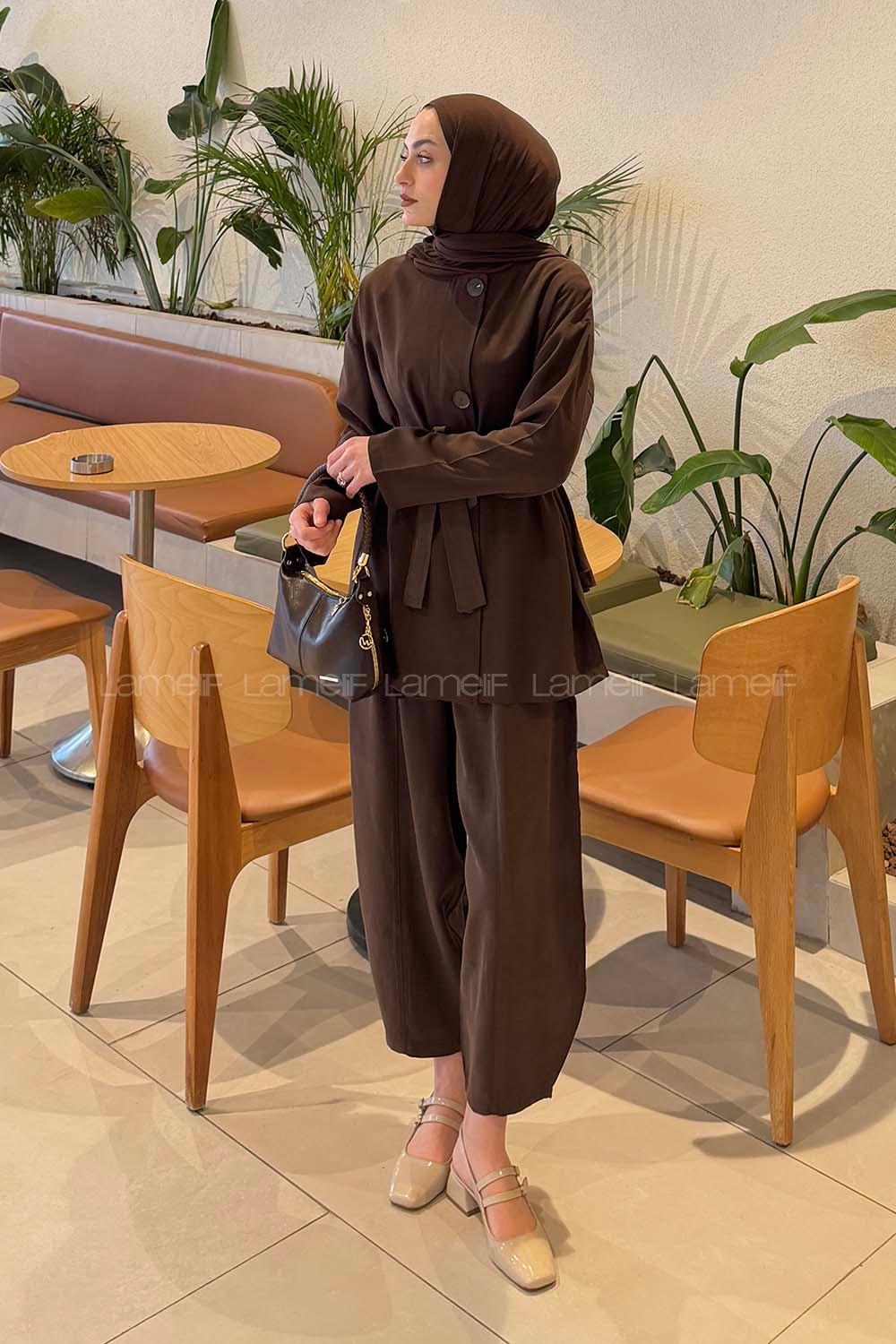 Lamelif Bağlama Detaylı Tensel Takım Acı Kahve