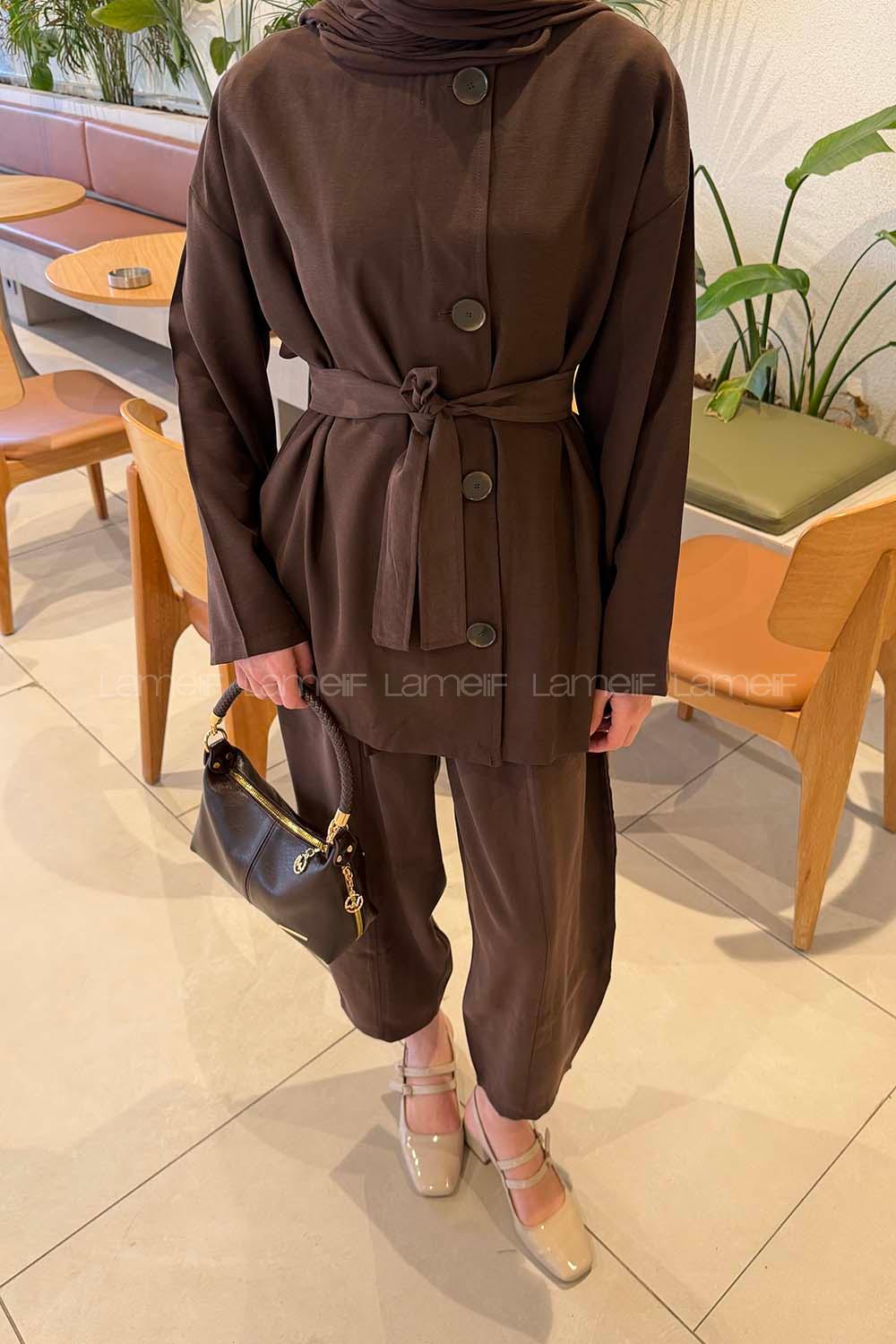 Lamelif Bağlama Detaylı Tensel Takım Acı Kahve