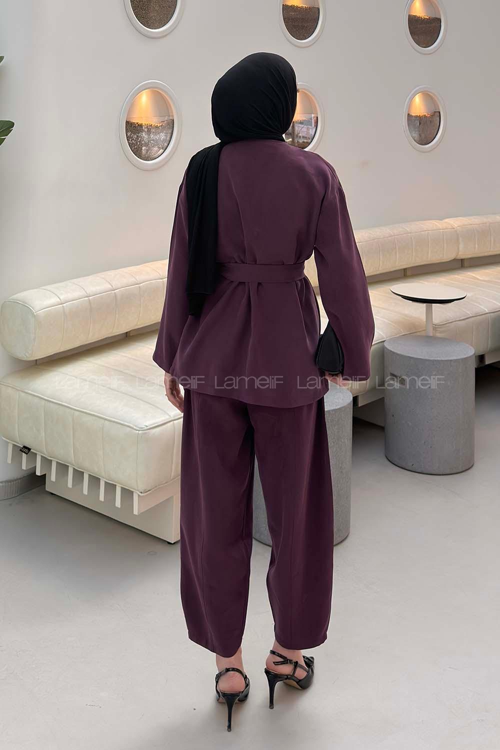 Lamelif Bağlama Detaylı Tensel Takım Mürdüm