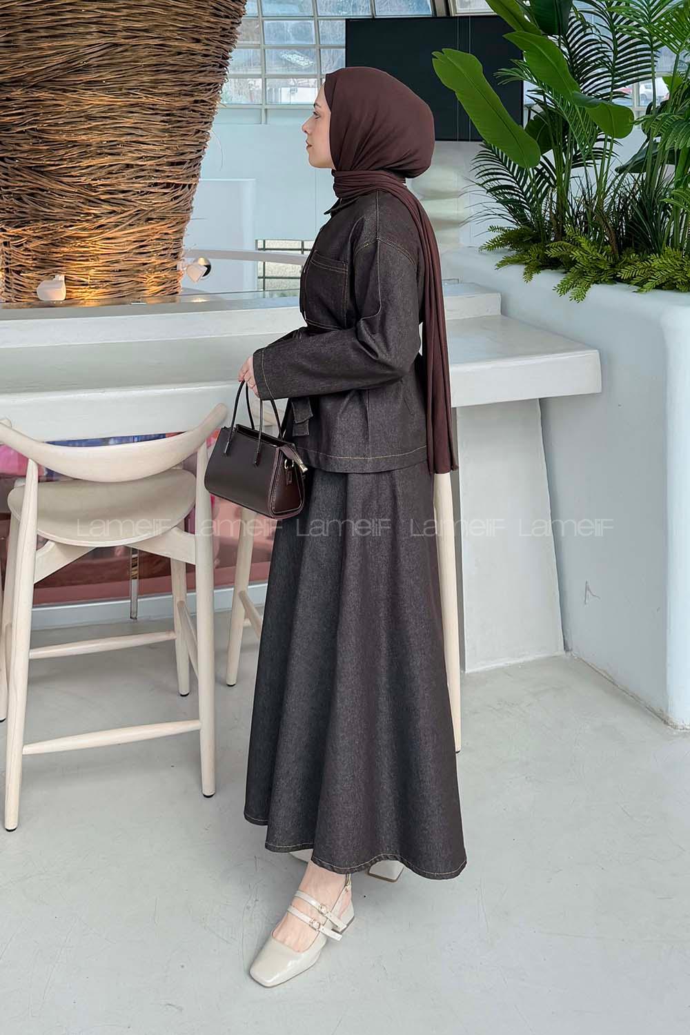 Lamelif Bağlamalı Denim Takım Kahverengi