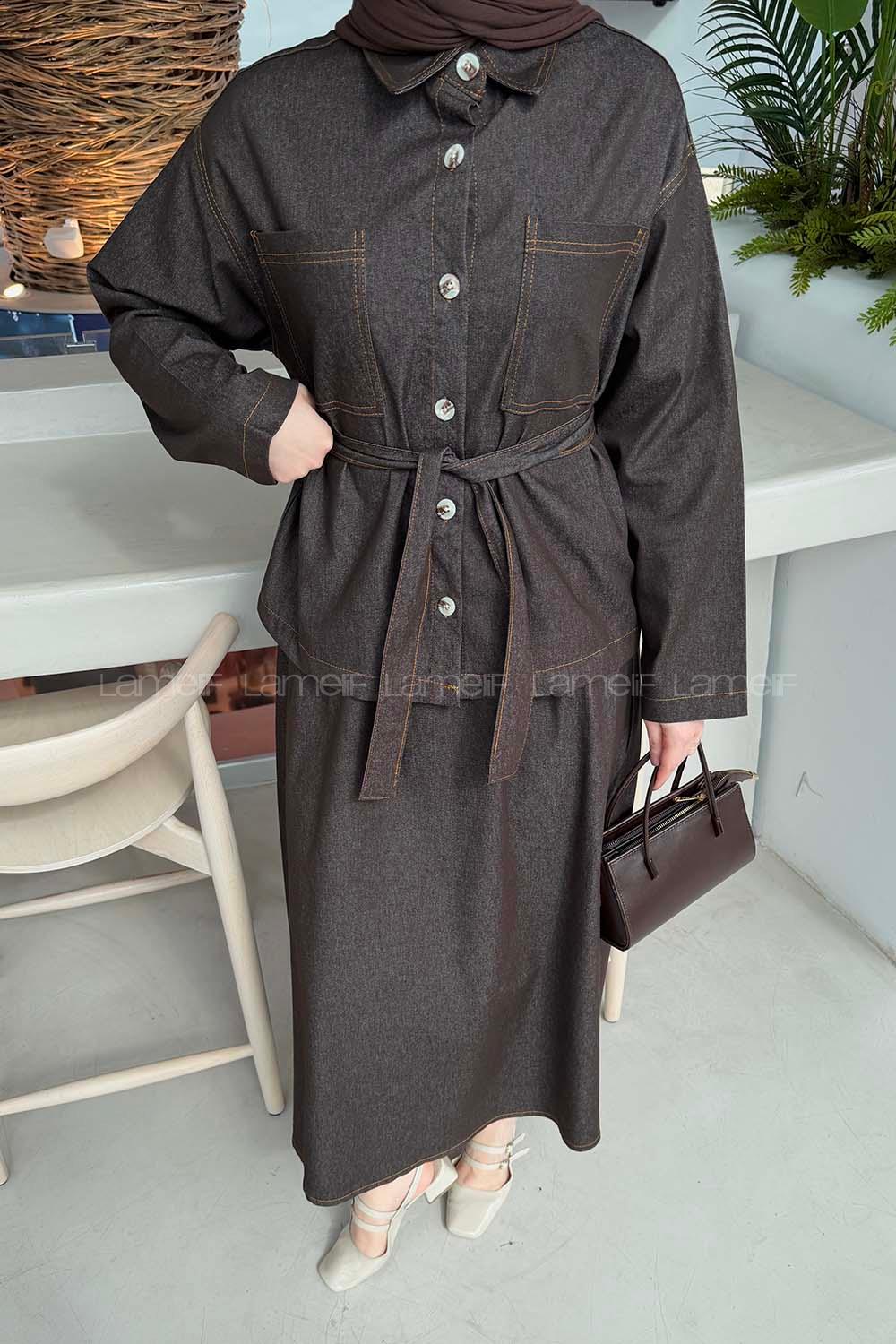 Lamelif Bağlamalı Denim Takım Kahverengi