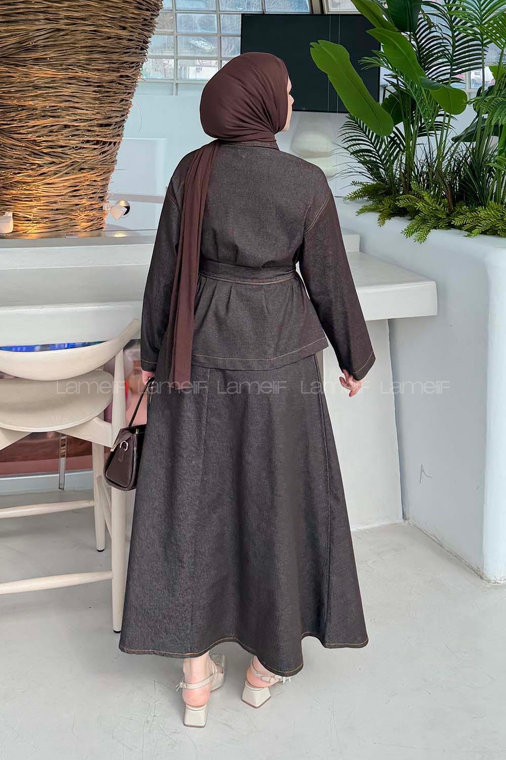 Lamelif Bağlamalı Denim Takım Kahverengi