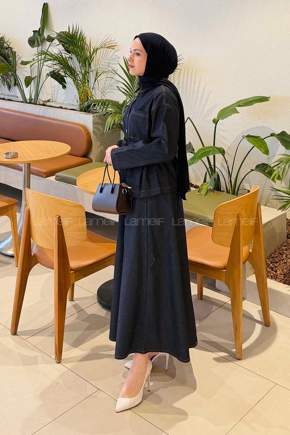 Lamelif Bağlamalı Denim Takım Koyu Mavi