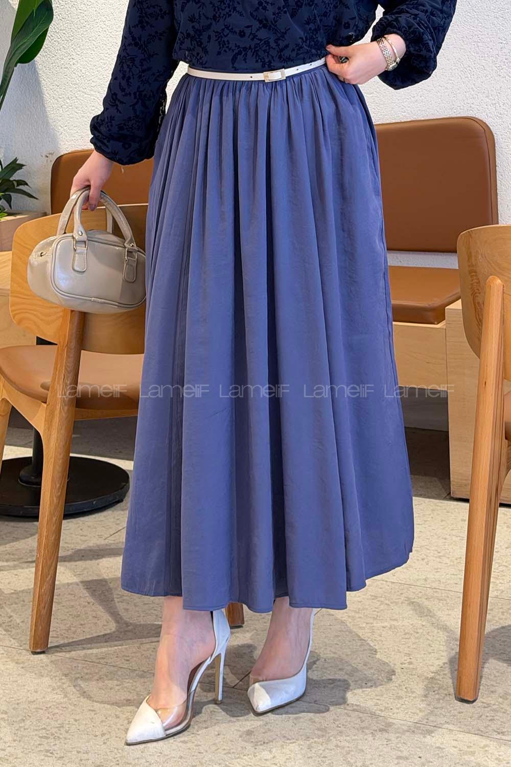 Lamelif Bel Lastikli Cep Detaylı Etek Lavanta Rengi