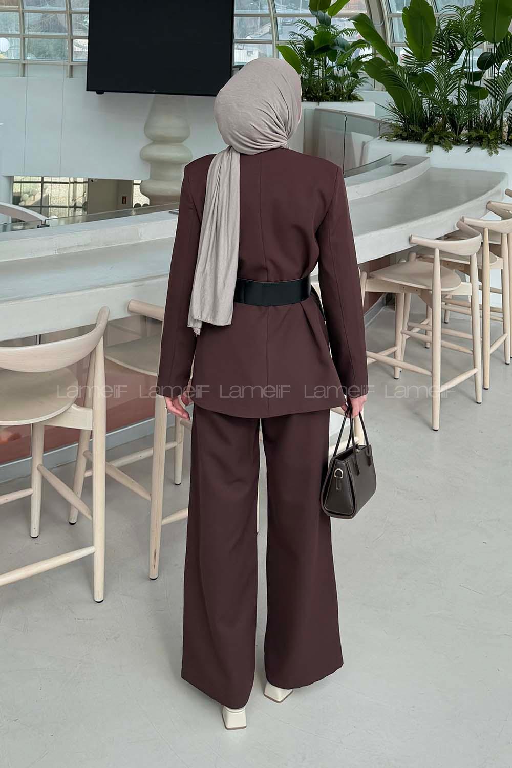 Lamelif Ceket-Pantolon Kemerli Takım Acı Kahve