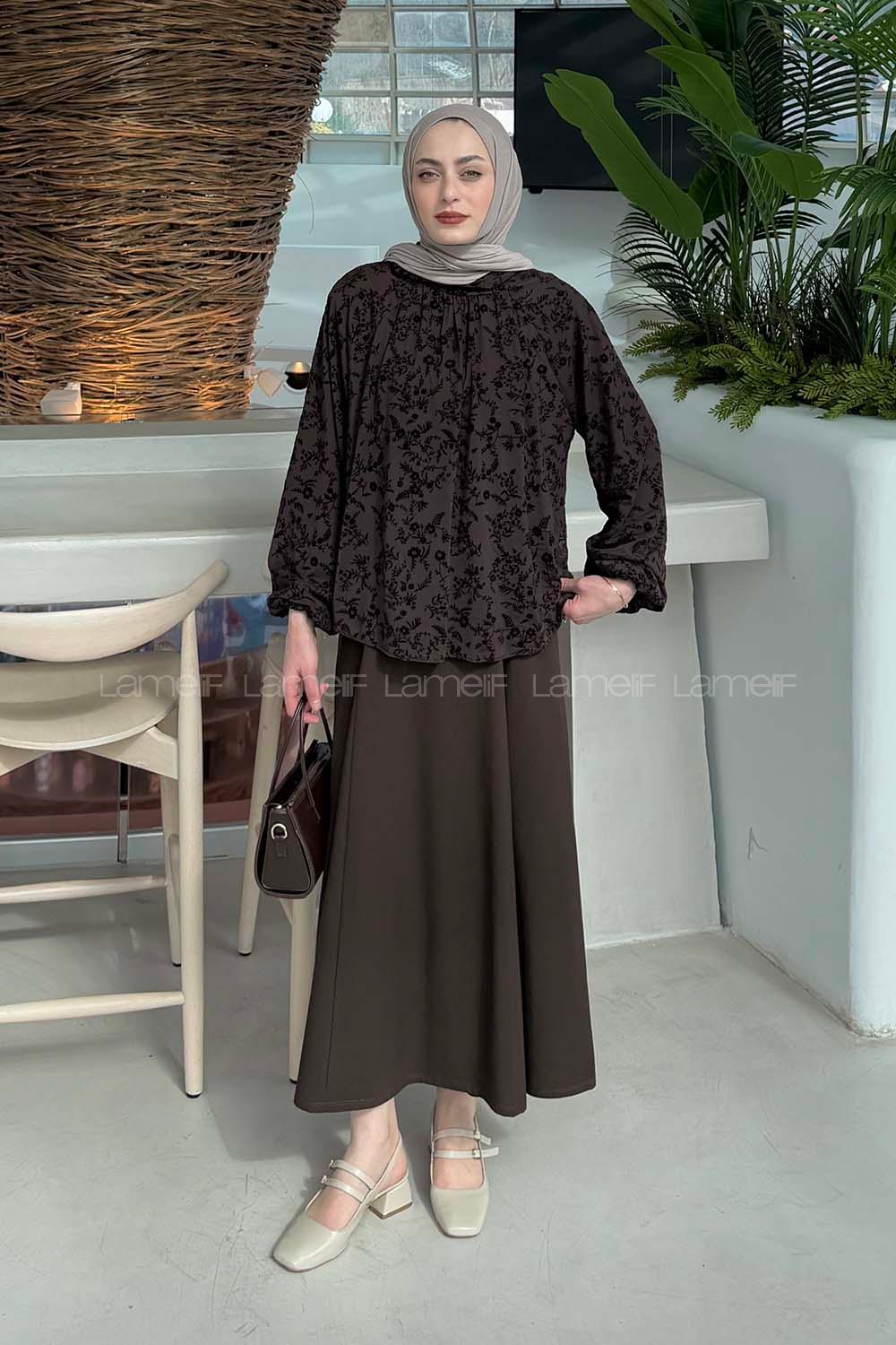 Lamelif Çiçek Baskılı Bluz Acı Kahve