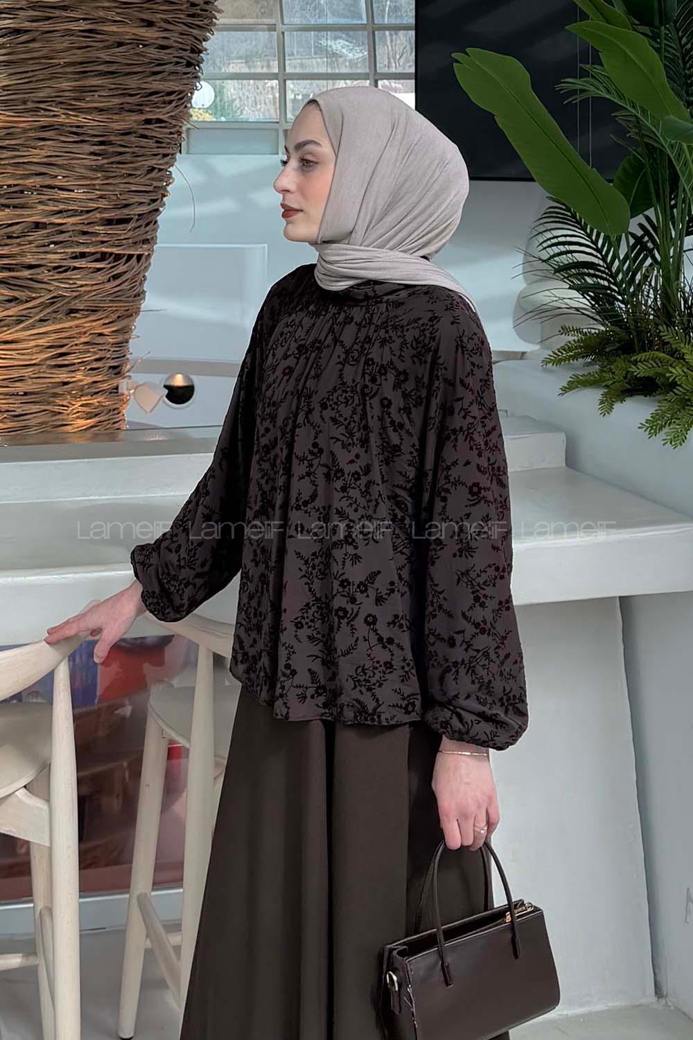 Lamelif Çiçek Baskılı Bluz Acı Kahve