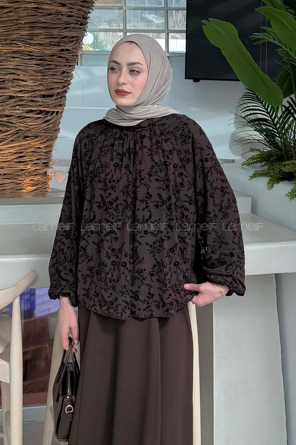 Lamelif Çiçek Baskılı Bluz Acı Kahve