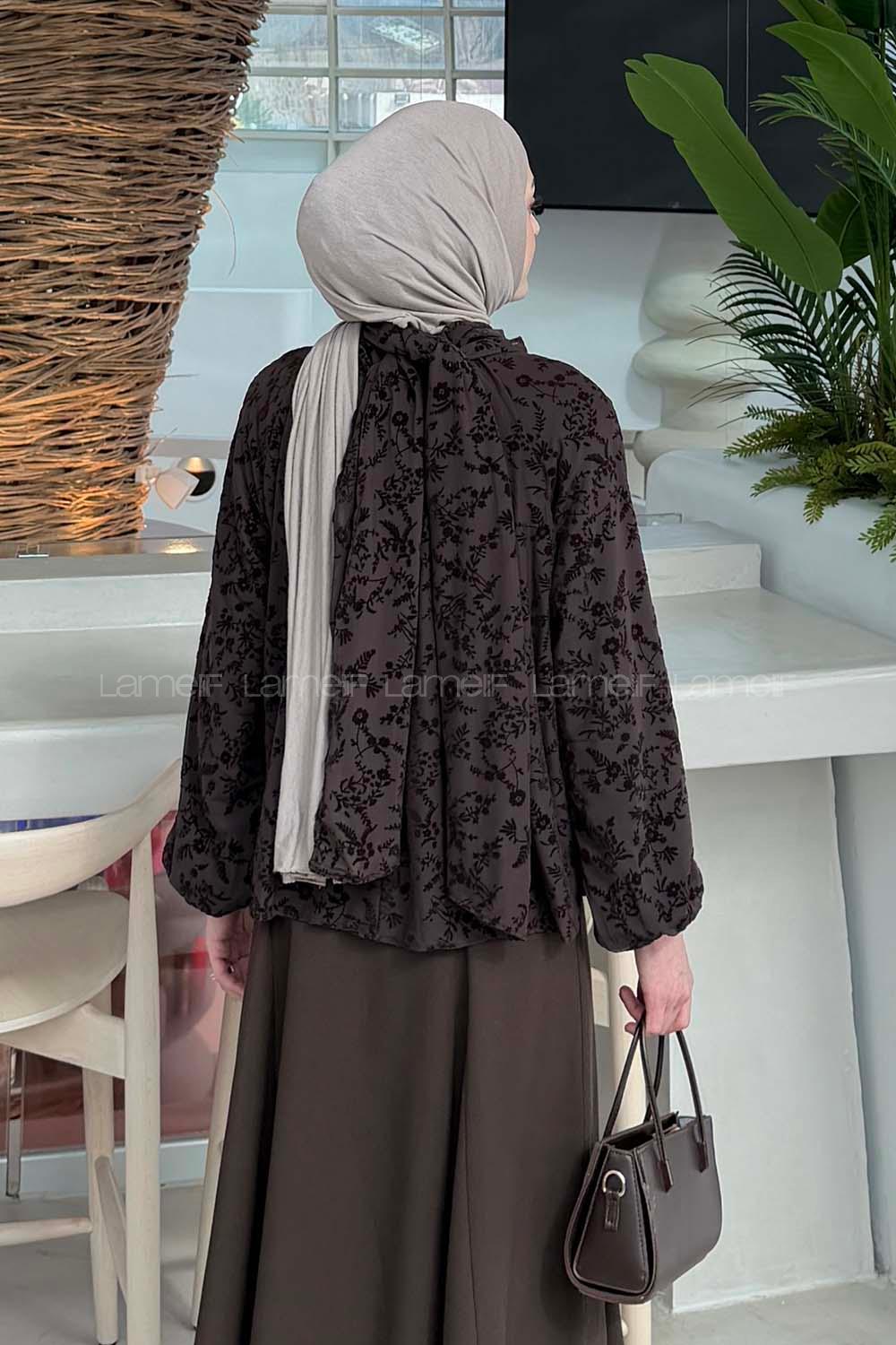 Lamelif Çiçek Baskılı Bluz Acı Kahve