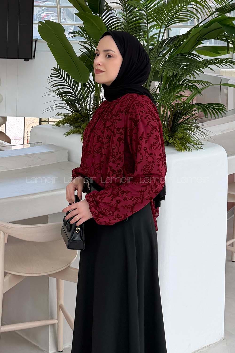 Lamelif Çiçek Baskılı Bluz Bordo