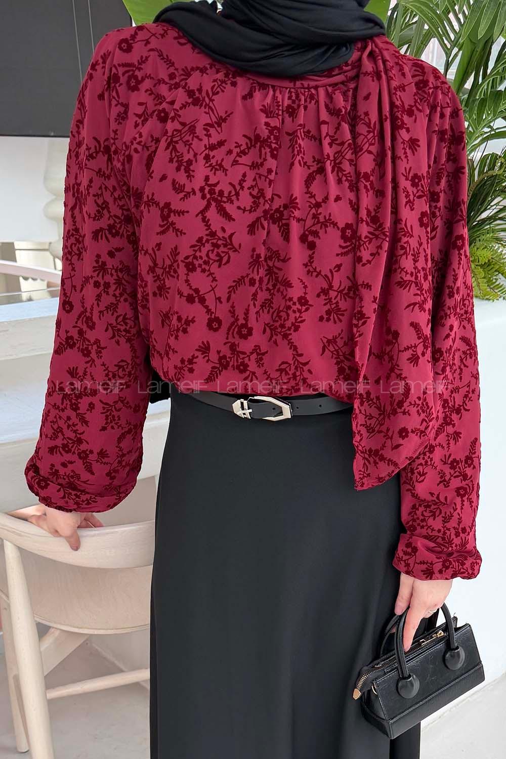 Lamelif Çiçek Baskılı Bluz Bordo