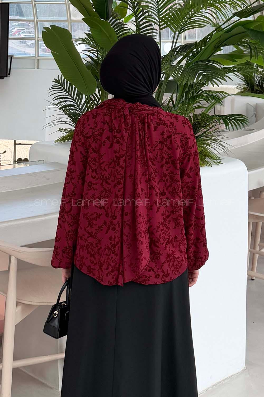 Lamelif Çiçek Baskılı Bluz Bordo