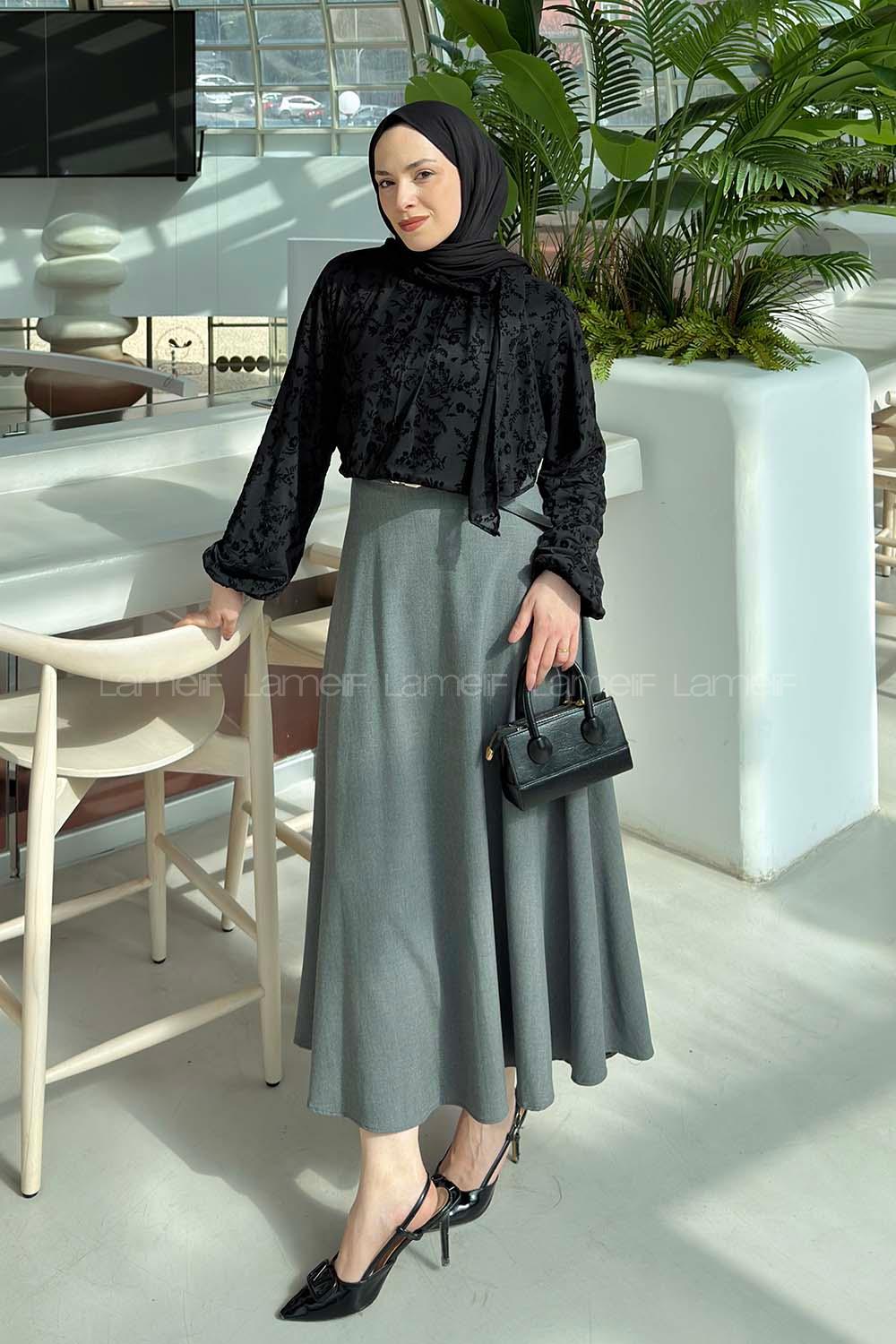 Lamelif Çiçek Baskılı Bluz Siyah