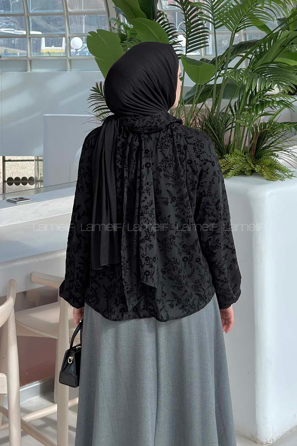 Lamelif Çiçek Baskılı Bluz Siyah